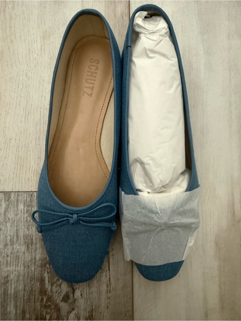 SCHUTZ Arissa Denim Blue Bow Ballet Flats Size 6.5 New In Box 💙